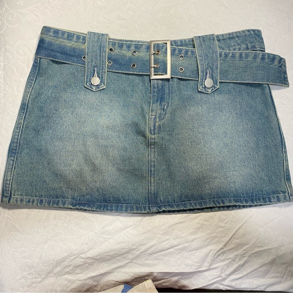 Y2K LowRise Hiphugger Thick Stretchy Denim Mini Skirt with Wide Belt Jean Large